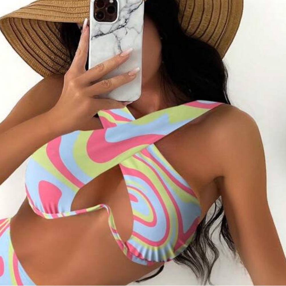 Colorful Swirl Tie Dye Underwire Criss Cross Bikini Top